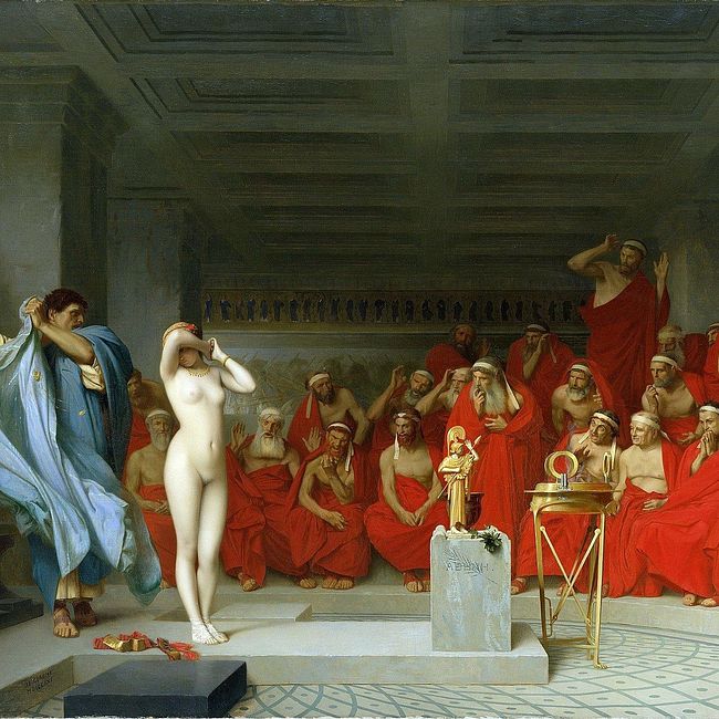 Суд над гетерой Фриной по обвинению в кощунстве, выразившемся в позировании скульптору Праксителю для статуи богини Афродиты, Афины, 340 г. до н.э.