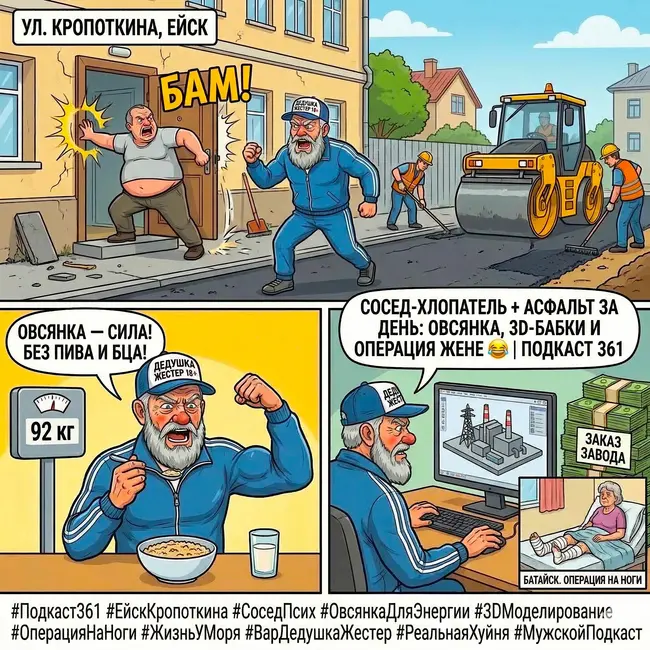 Выпуск 361. Сосед-хлопатель + асфальт за день: овсянка, 3D-бабки и операция жене 😂