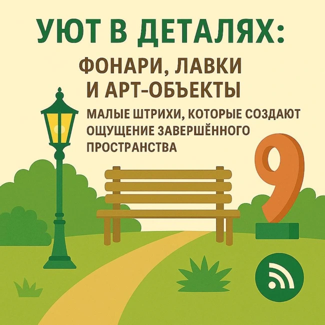 Уют в деталях: фонари, лавки, арт-объекты