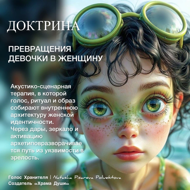 Доктрина превращения девочки в Женщину. Акустика-сценарная терапия, в которой голос, ритуал и образ собирают внутреннюю архитектуру женской идентичности.
